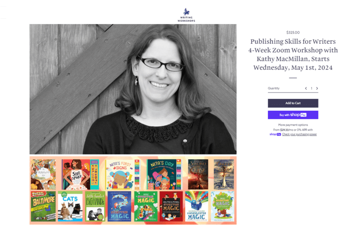 A photo of Kathy MacMillan with her books. Text reads: Publishing Skills for Writers: 4-week Zoom workshop starts Wednesday, May 1, 2024. $325.00