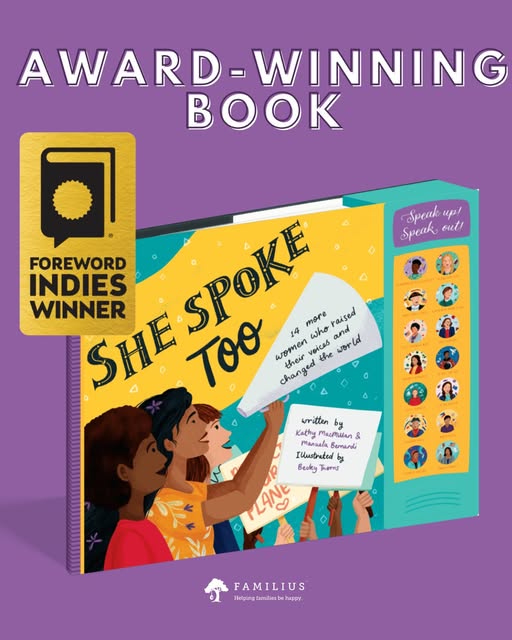 Cover of SHE SPOKE TOO with gold medla that reads FOREWORD INDIES Winner. Award-winning book. Familius.