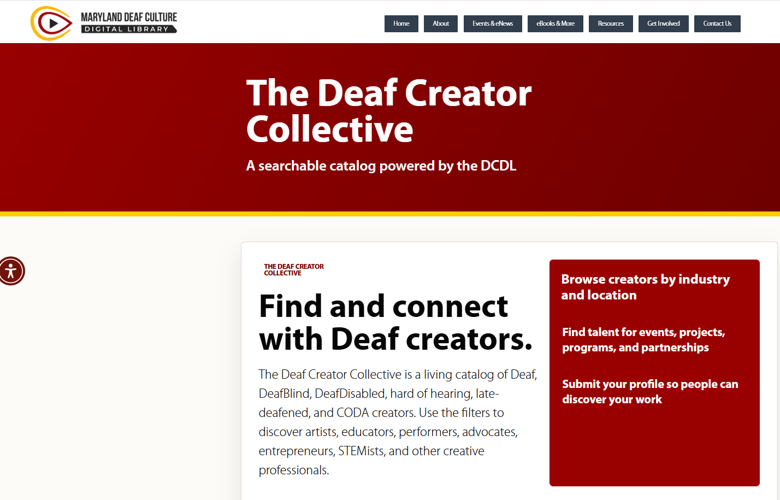 Screen shot of the Deaf Creators Collective homepage at https://www.marylanddcdl.org/deaf-content-creators-2/